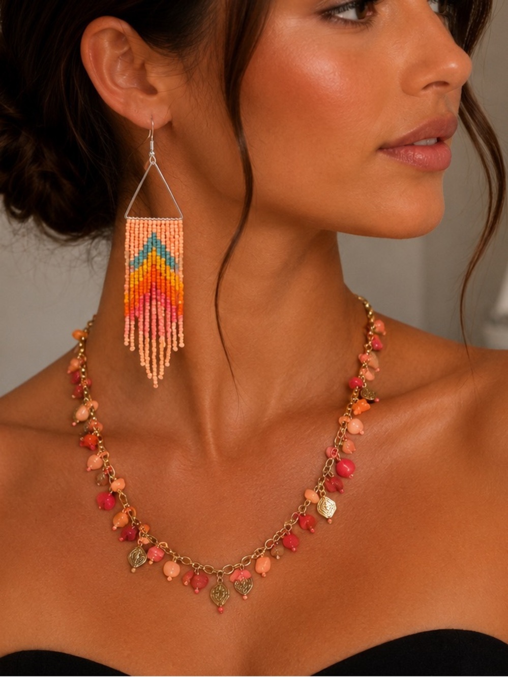 2pc set Beaded Fringe Drop Earrings 
18” river rock necklace